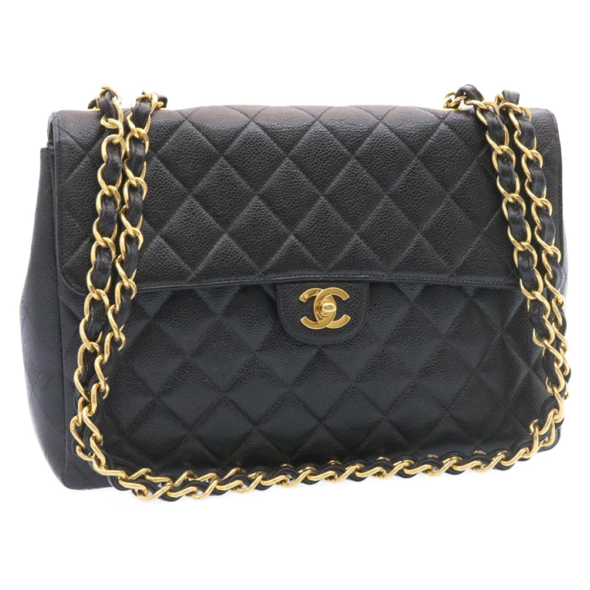 Chanel Big Matelasse New Chain Shoulder Bag Caviar Skin Black Gold Auth A