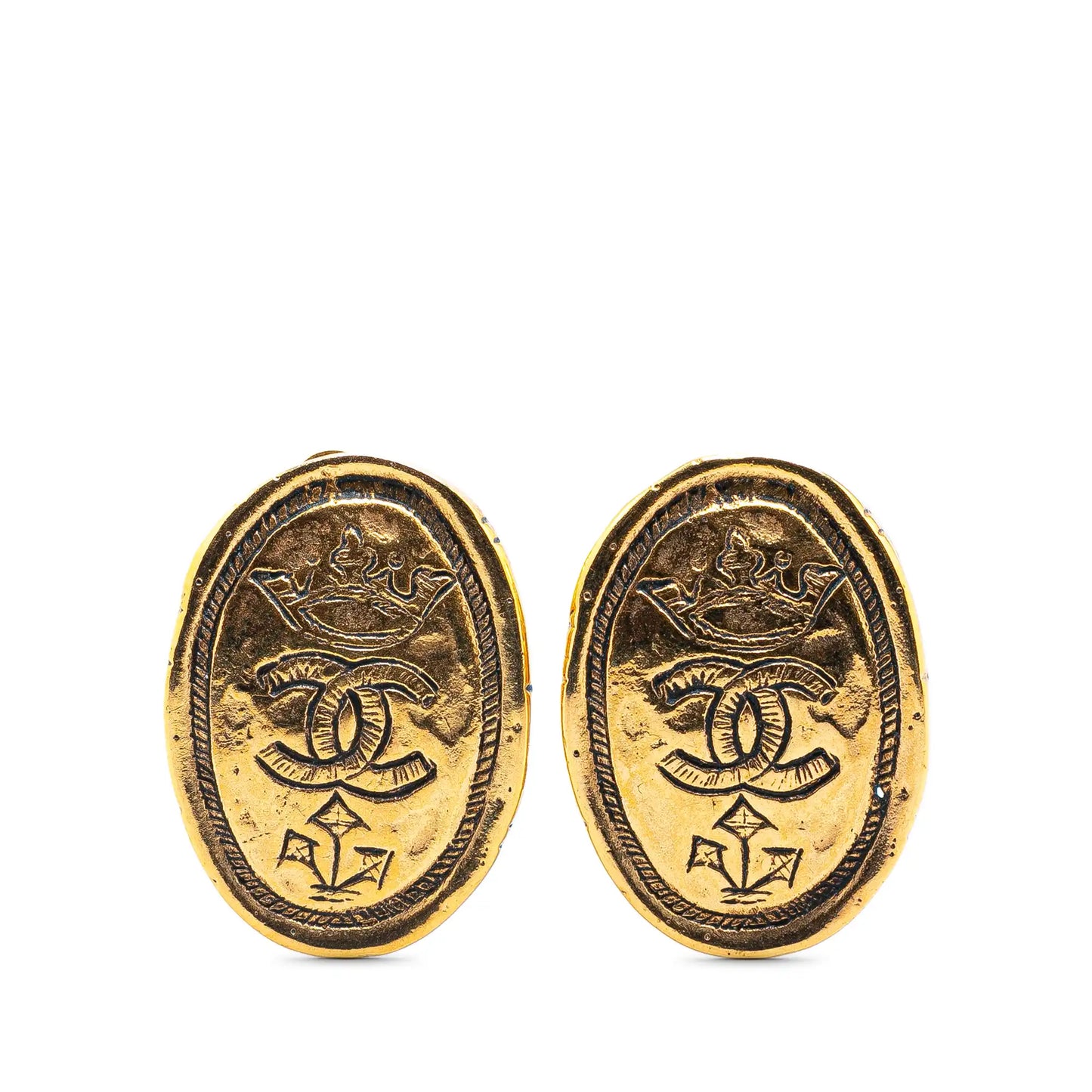Gold Chanel Gold Plated CC Crown Clip On Earrings