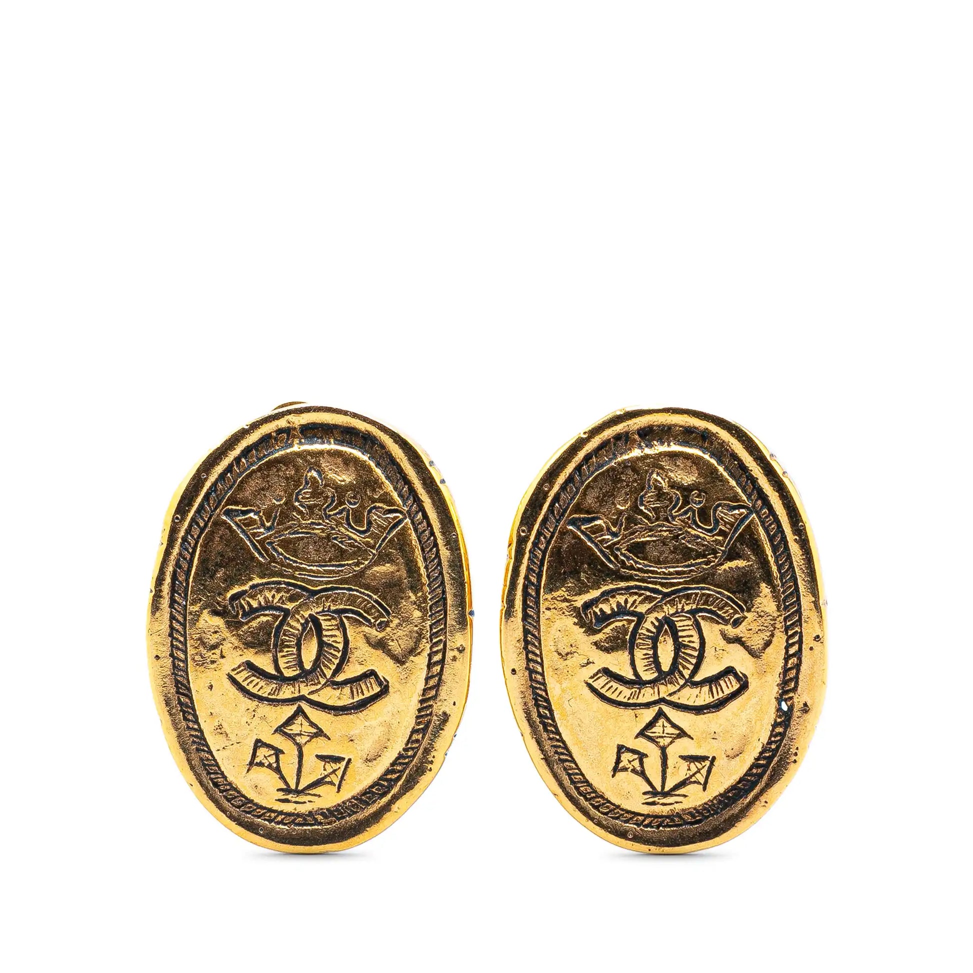 Gold Chanel Gold Plated CC Crown Clip On Earrings