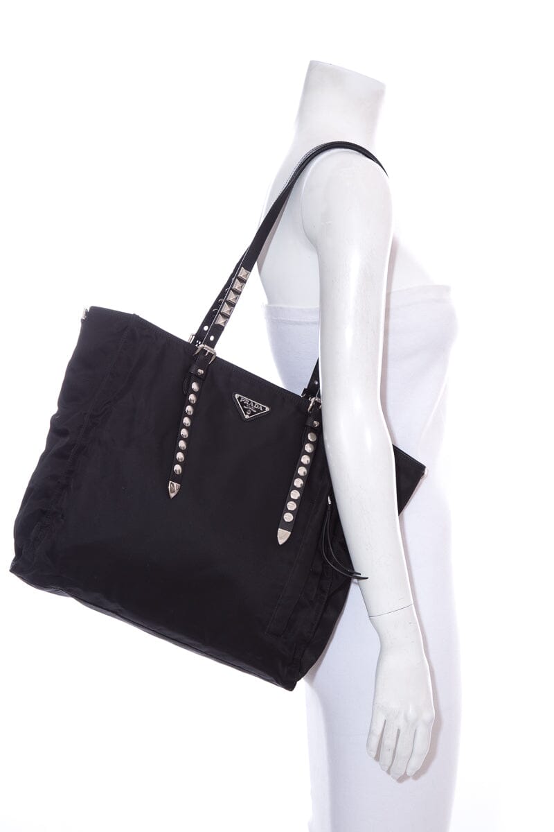 Prada Vela Studded Tote Nylon Tote Bag