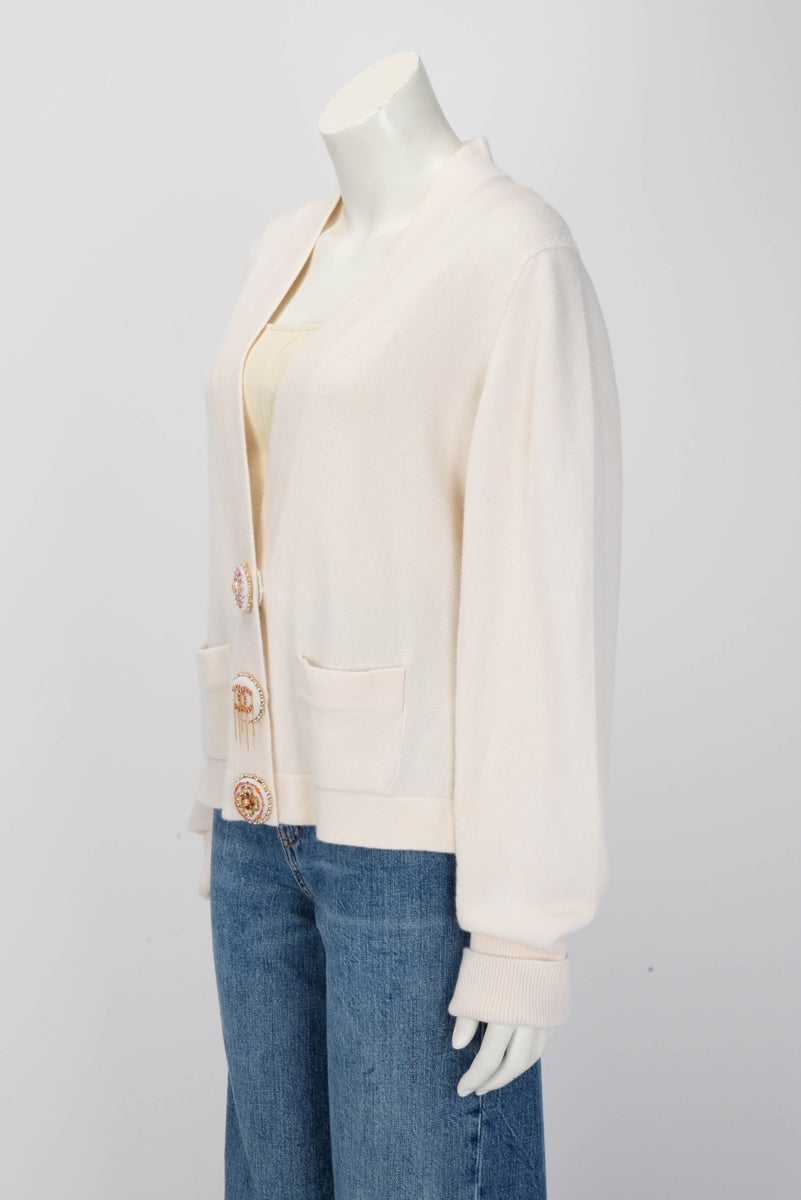 Chanel Cream Cashmere 22A Embellished Button Cardigan Fr 46 Bag
