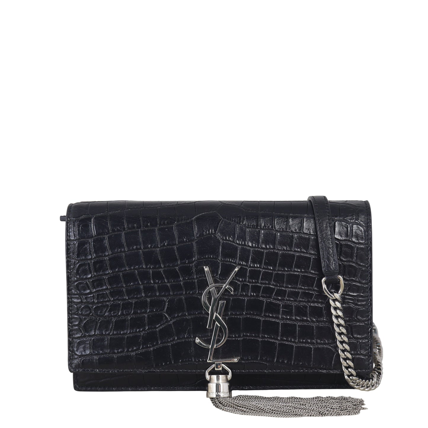 YSL Saint Laurent Kate Tassel Wallet Croc Embossed Crossbody Bag Chain
