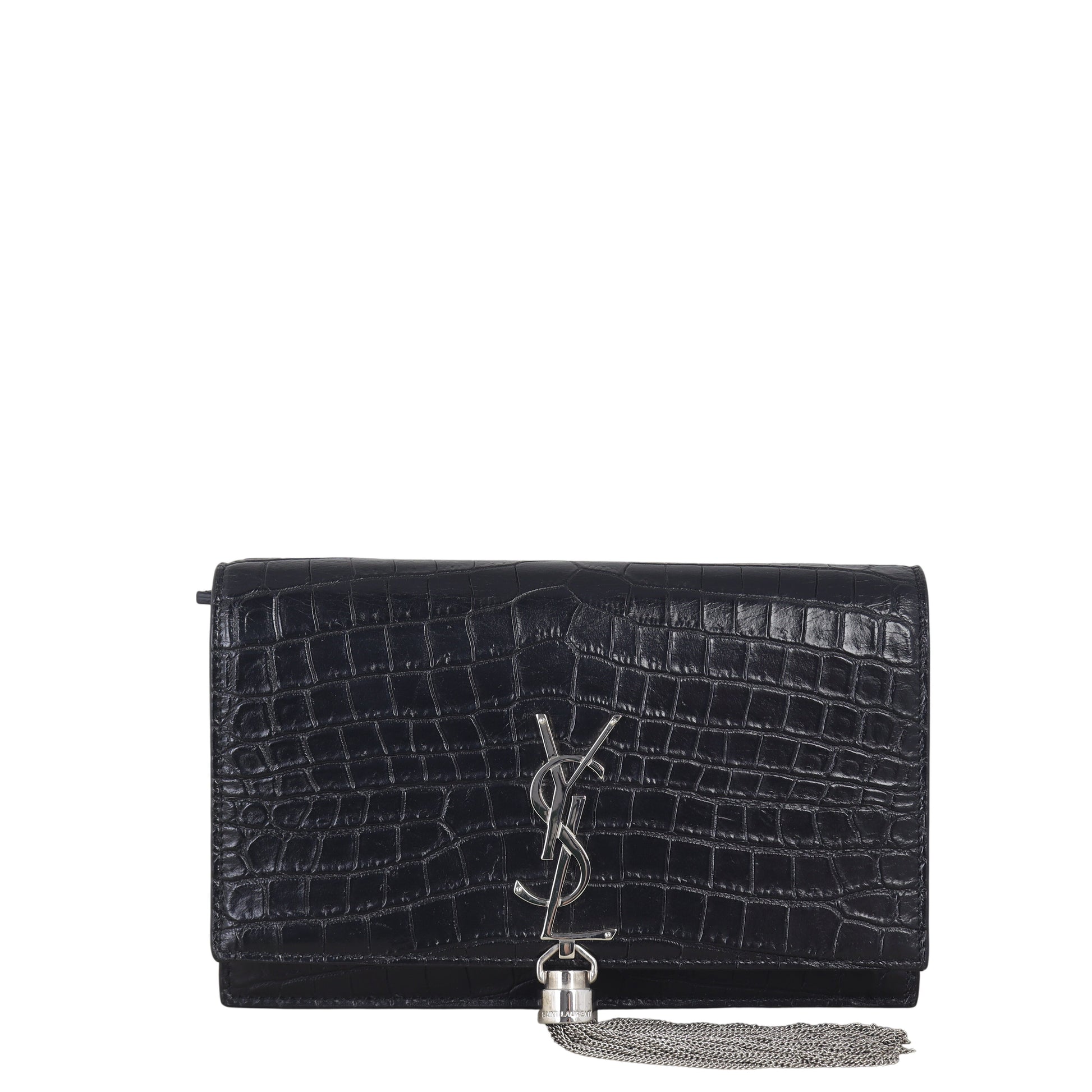 YSL Saint Laurent Kate Tassel Wallet Croc Embossed Crossbody Bag Chain