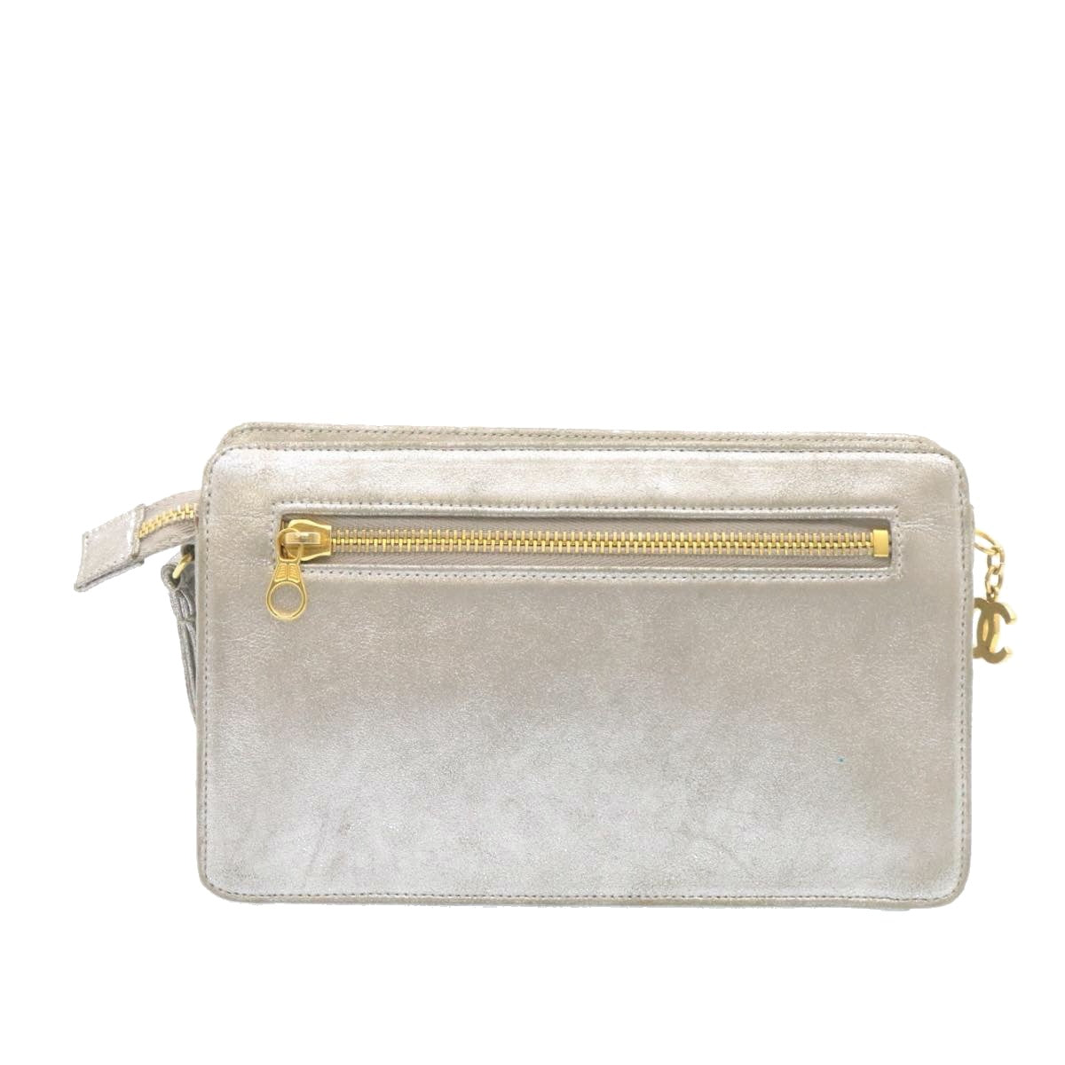 Chanel Clutch Bag Leather Silver CC Auth A