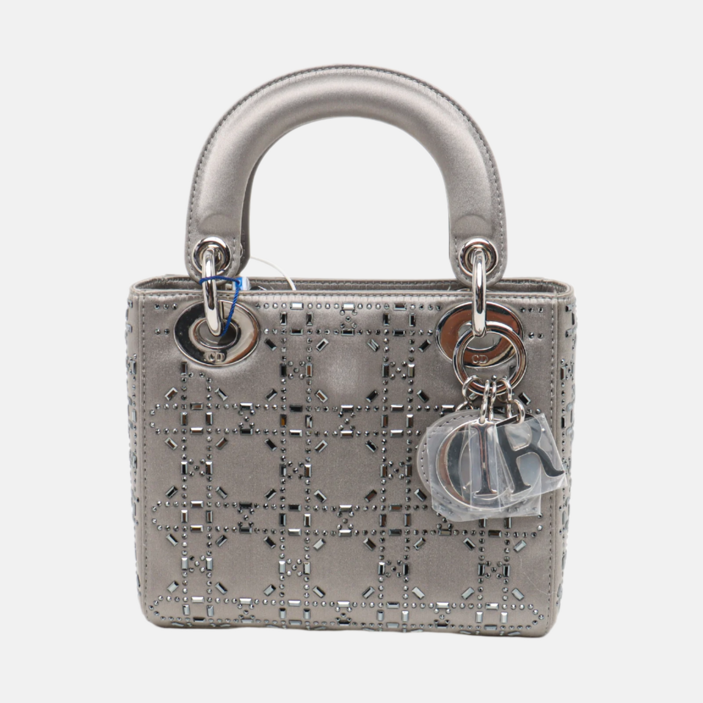 Dior Lady Grey Silk With Crystals Hardware Handbag Silver Mini Travel Bag