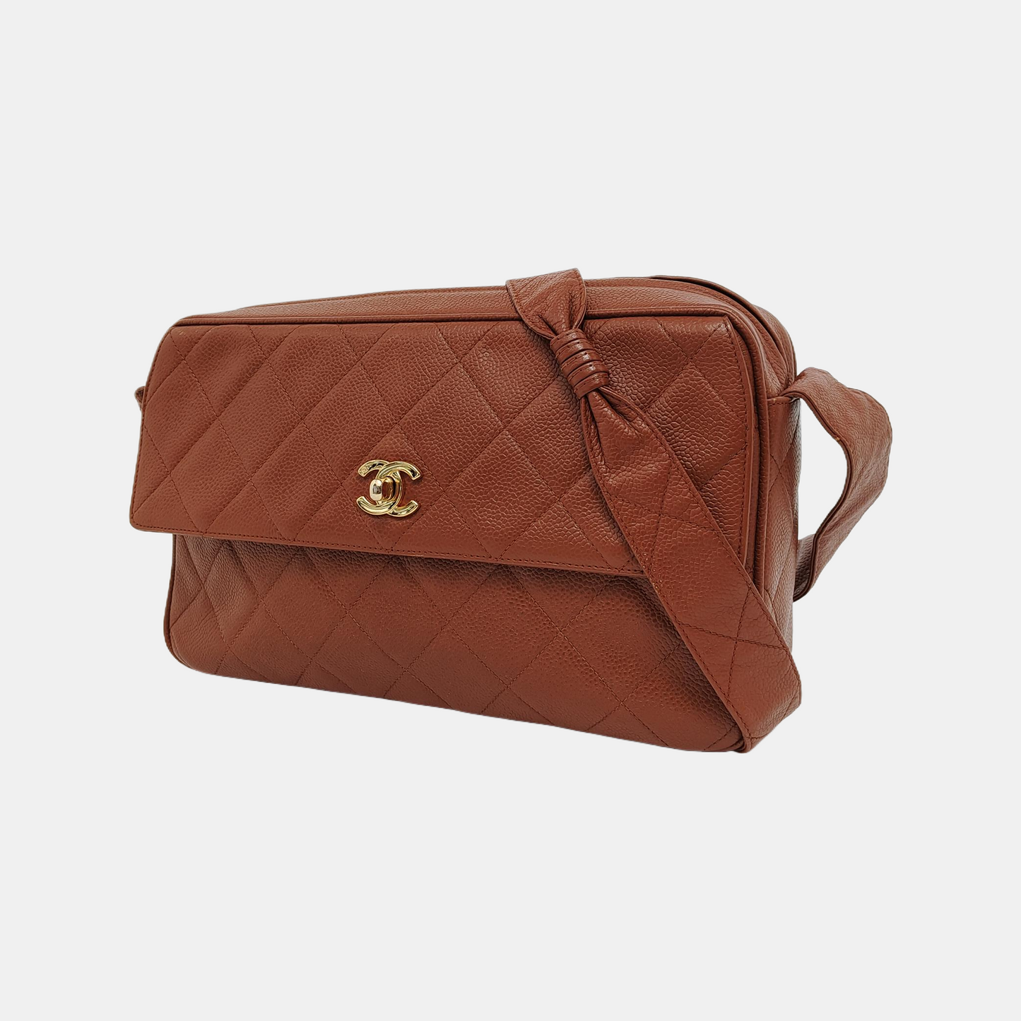 Chanel Camera Tan Cognac Caviar Hardware Brown Gold Leather Crossbody Bag