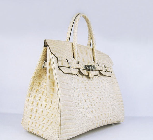 Hermes Luxury Birkin Cm Crocodile Head Veins Handbags Beige Silver Travel Bag