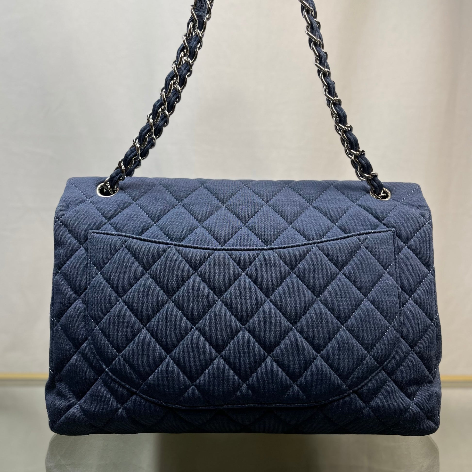 Chanel Single Flap Jumbo Blue Jersey Shoulder Bag TS3774