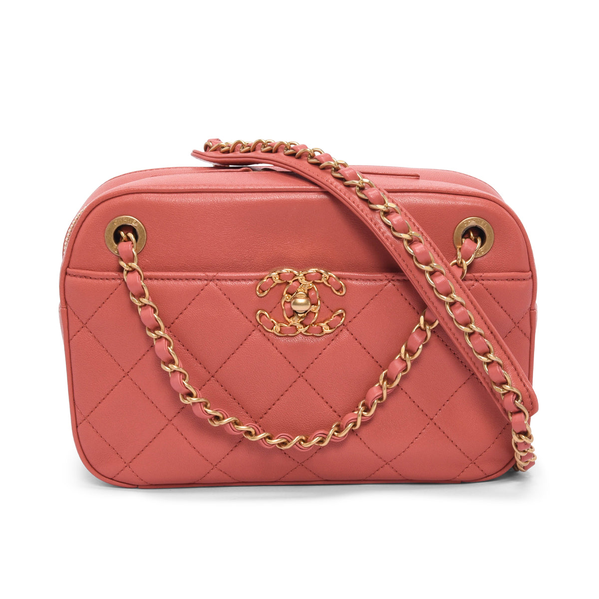 Chanel Dusty Pink Quilted Lambskin Chain Infinity Camera Case Handbag