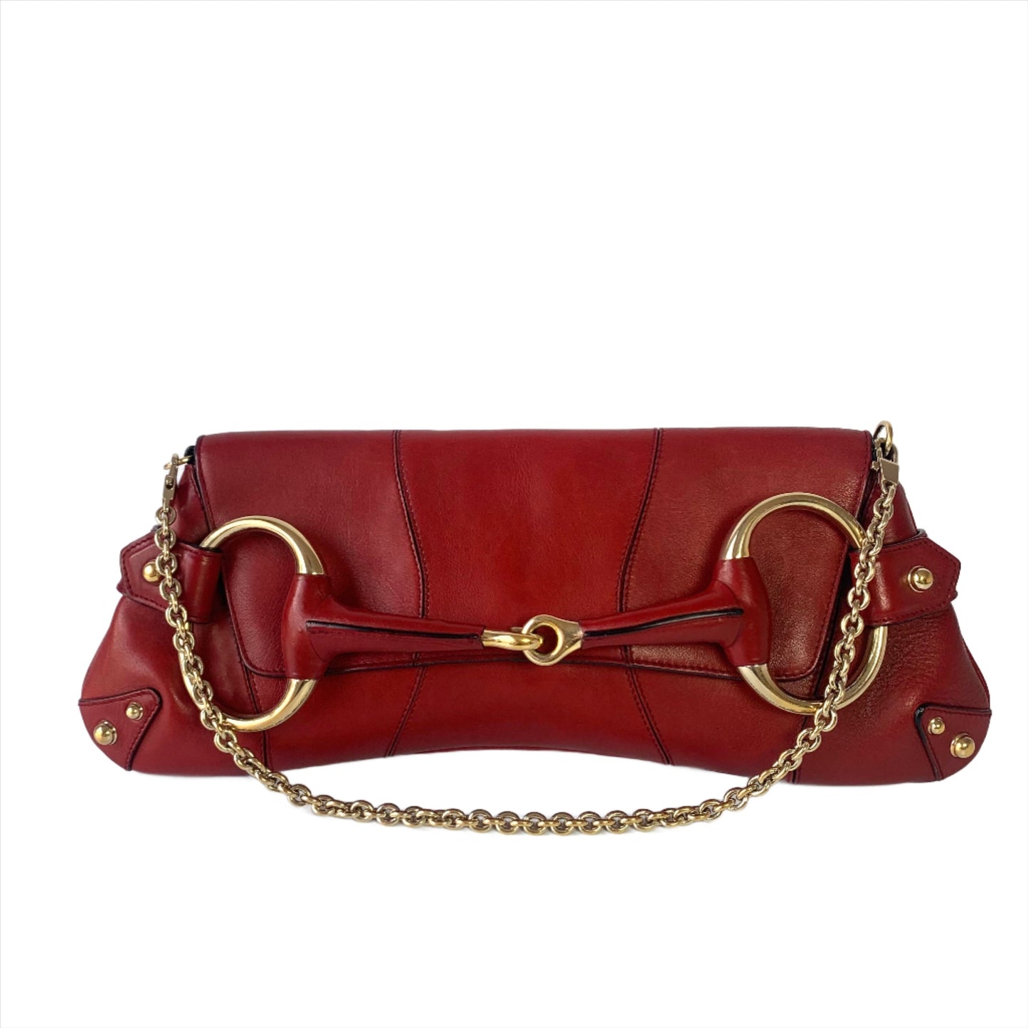 Gucci Horsebit studs Leather Red Gold Chain Handbag