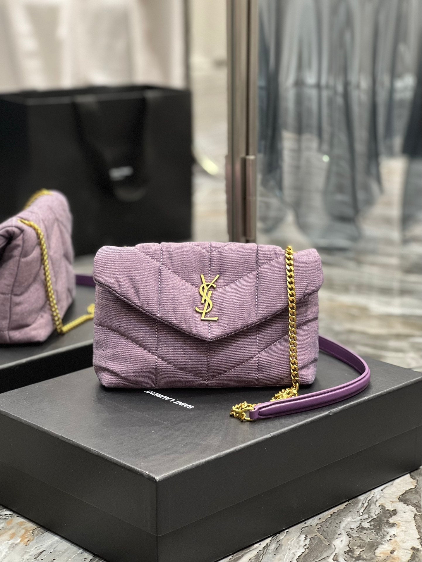 YSL Saint Laurent Puffer Toy Blesched Lilac 9in Denim Handbag