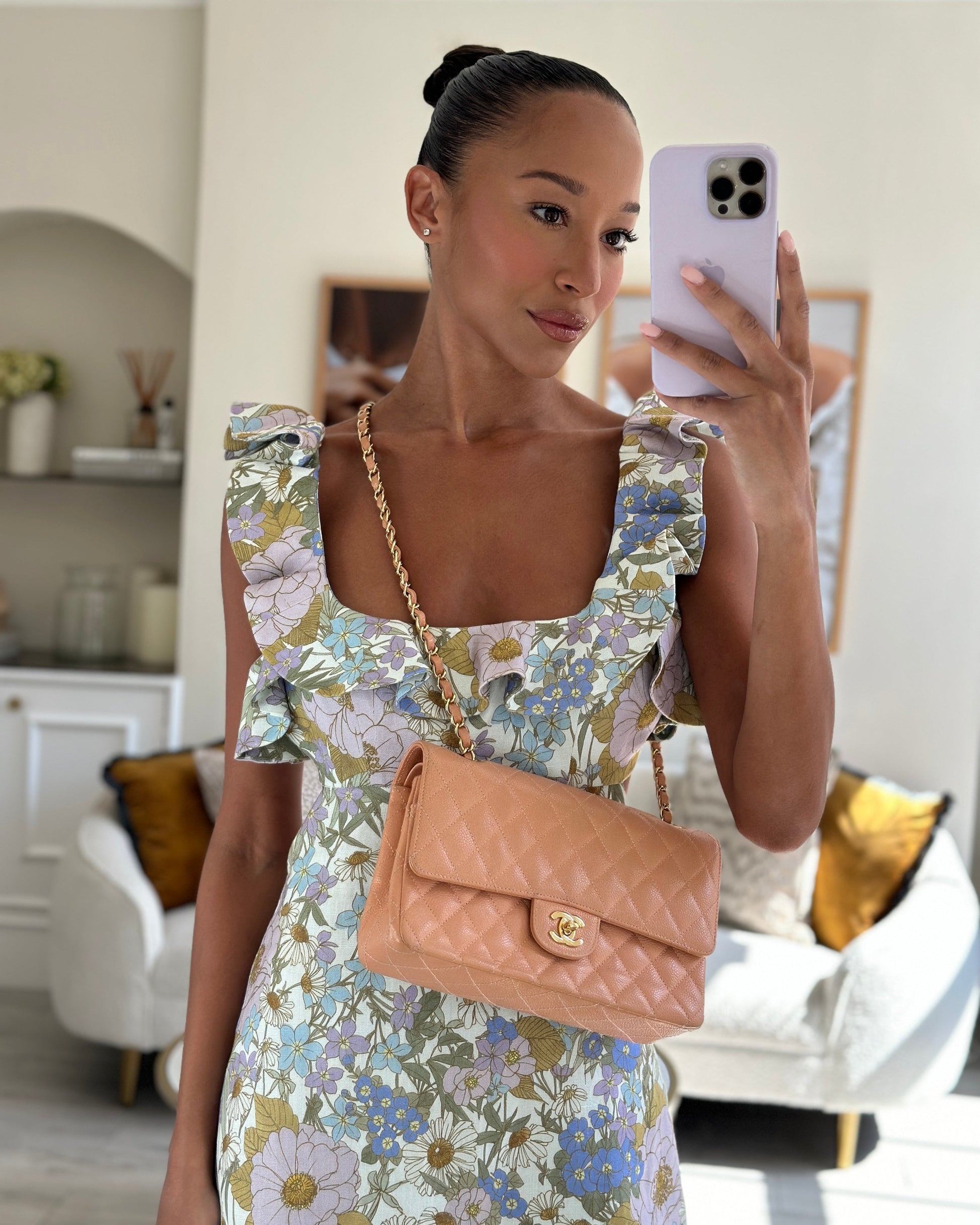Chanel Peach Classic Medium Double Flap Bag In Caviar Leather With 24K Gold Hardware