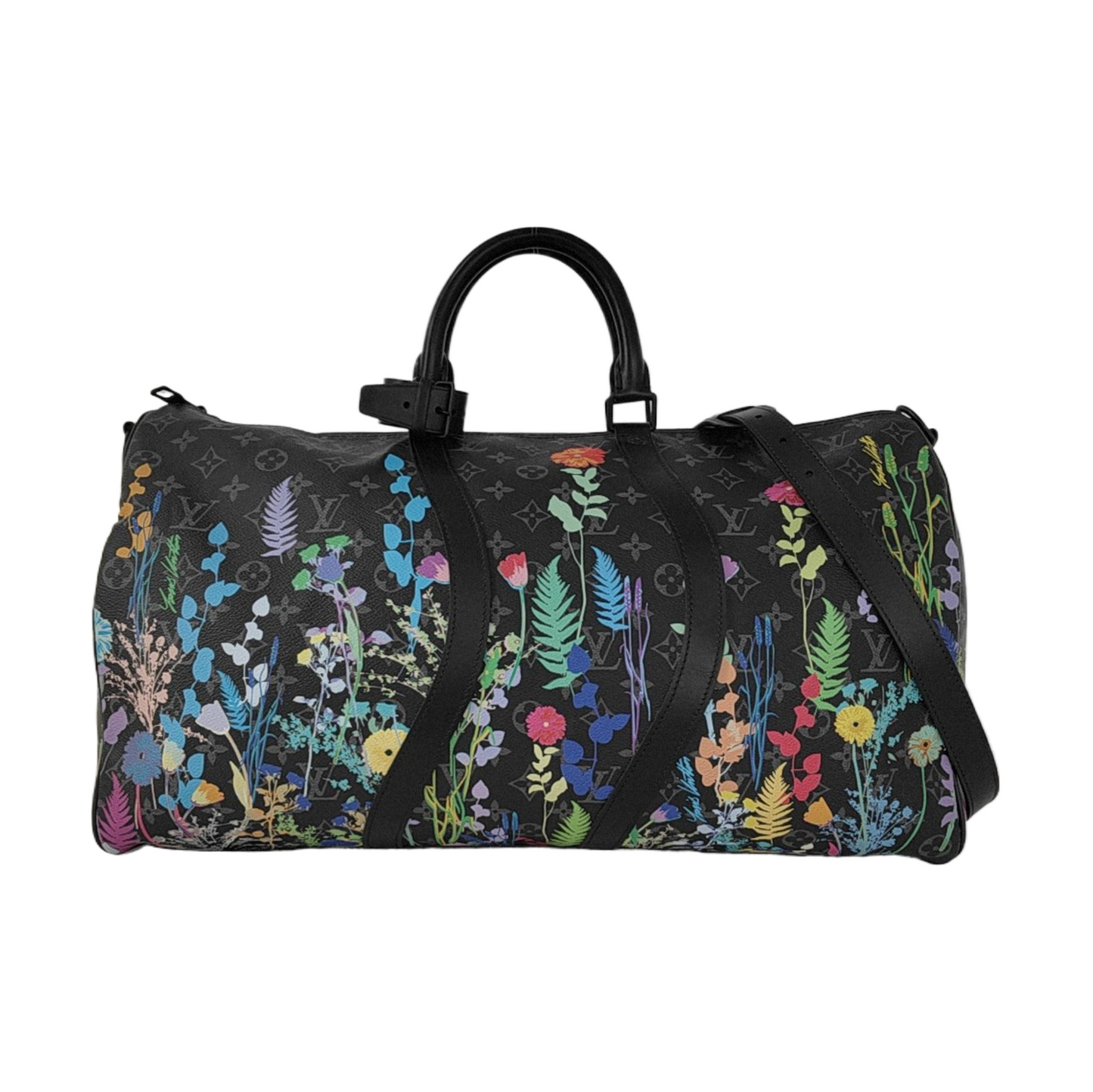 Louis Vuitton Keepall 50 Bandouliere Flower Prints Monogram Black Travel Bag
