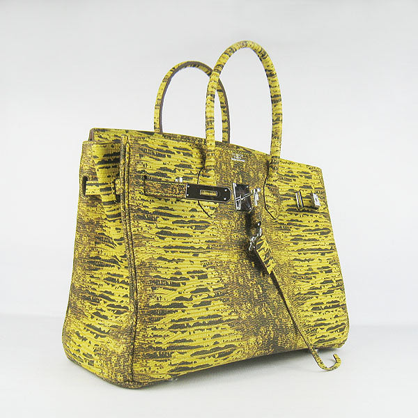 Hermes Luxury Birkin Cm Lizard Pattern Handbag Yellow Silver Travel Bag