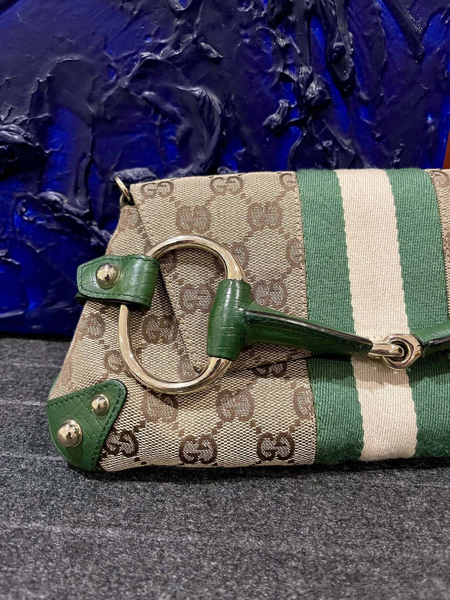 Gucci Horsebit Chain Studs Monogram Leather Green Gold Handbag