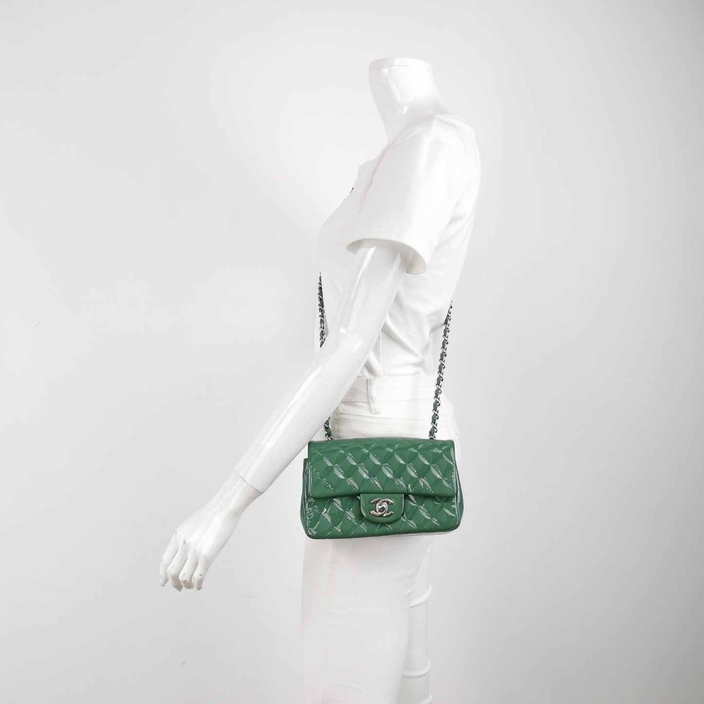 Chanel Classic Flap Rectangular Patent Hardware Green Silver Leather Mini Bag