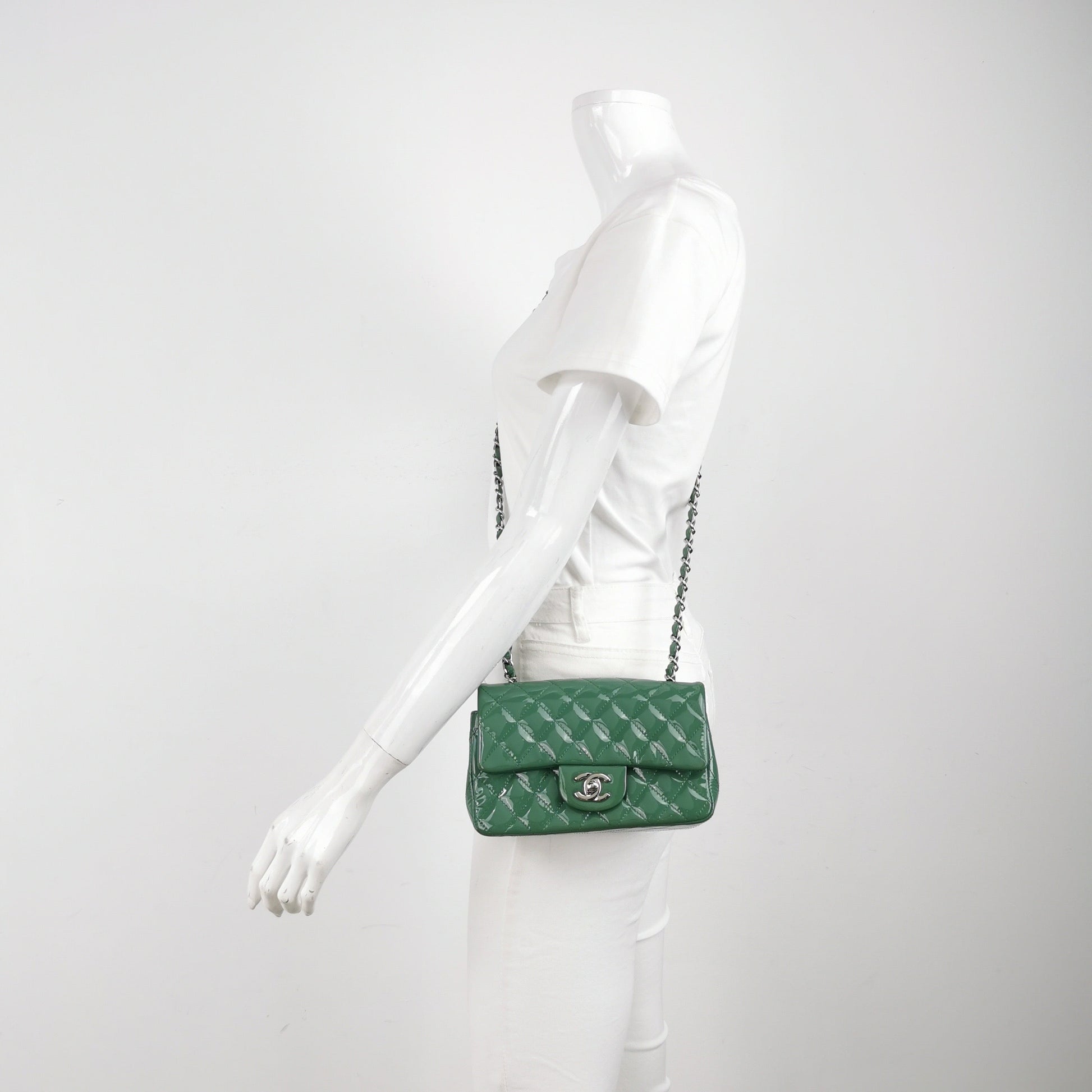 Chanel Classic Flap Rectangular Patent Hardware Green Silver Leather Mini Bag