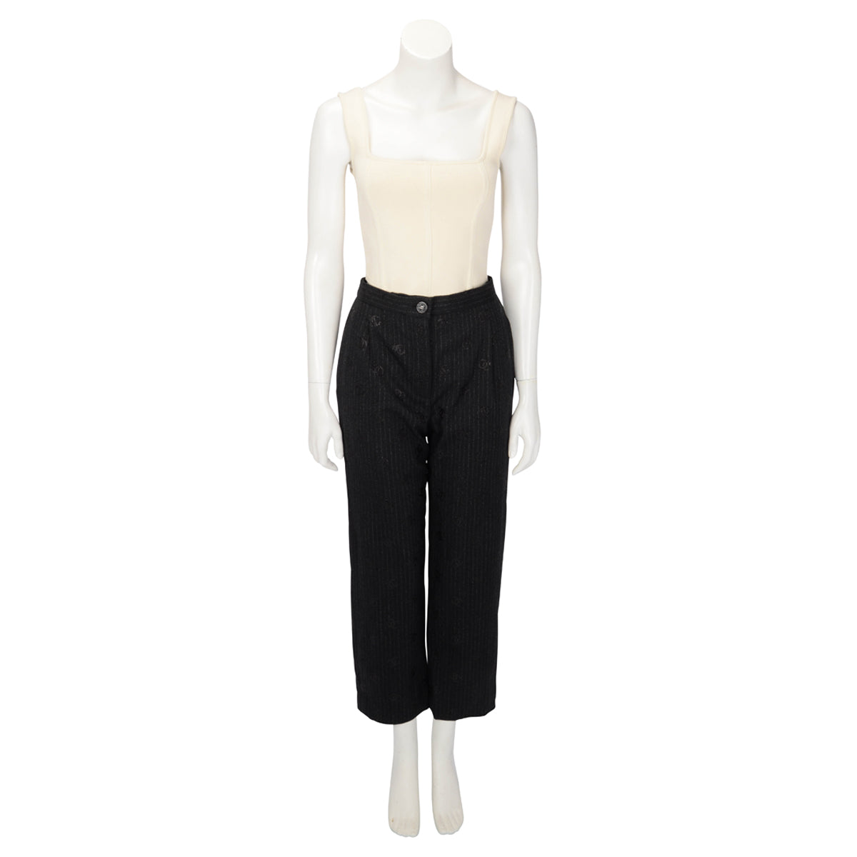 Chanel Black Pinstriped CC Pants FR 36