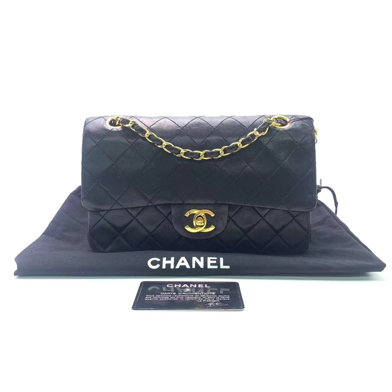 Chanel Classic Flap Lambskin 24k Hardware Black Gold Small Leather Handbag