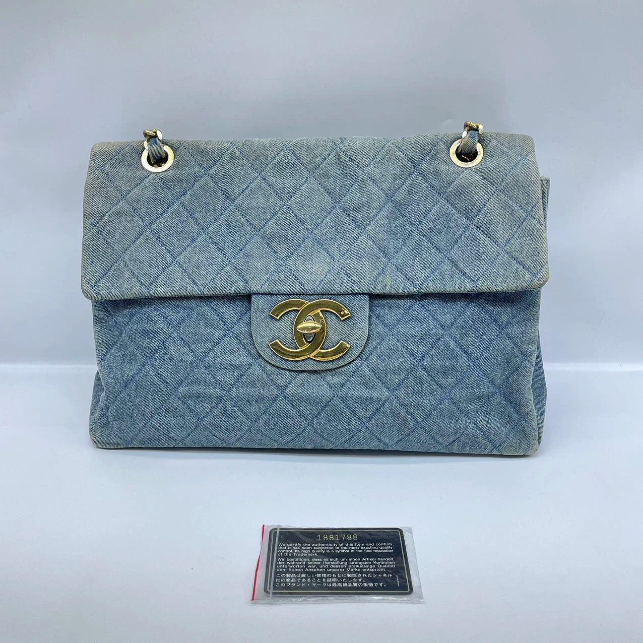 Chanel Classic Maxi 34 Flap Jeans Denim Blue Gold Handbag