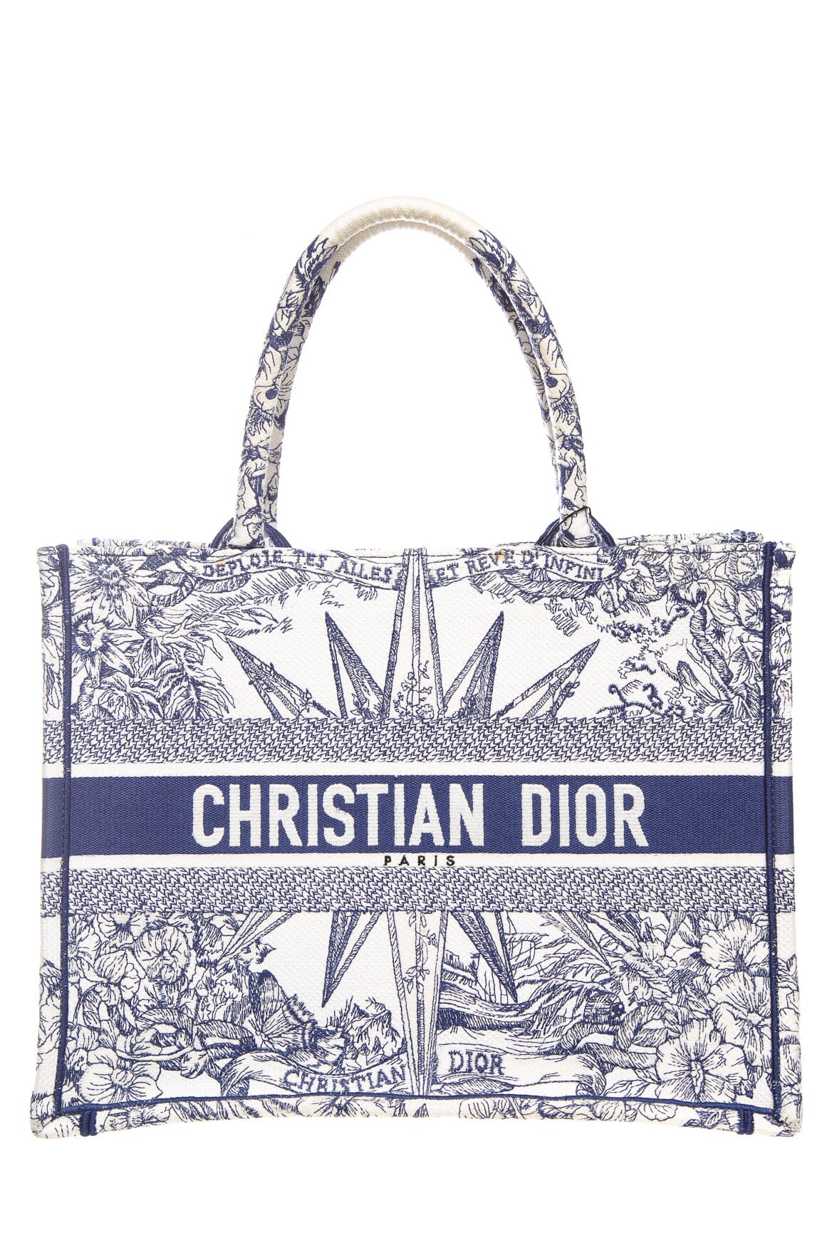 Dior Handbag Christian and Ivory Toile de Jouy Embroidery Navy Medium Tote Bag