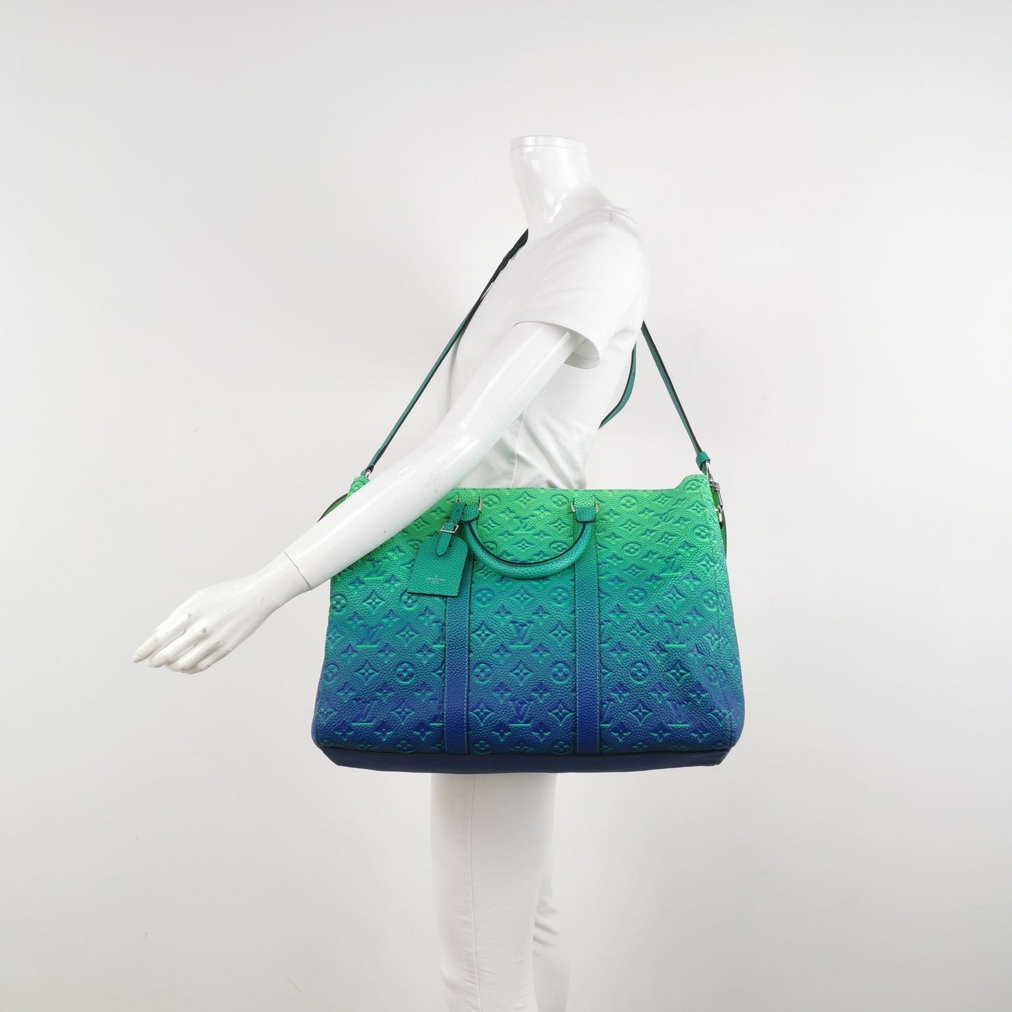 Louis Vuitton Virgil Abloh Illusion Keepall Hardware Monogram Blue Green Silver Leather Travel Bag