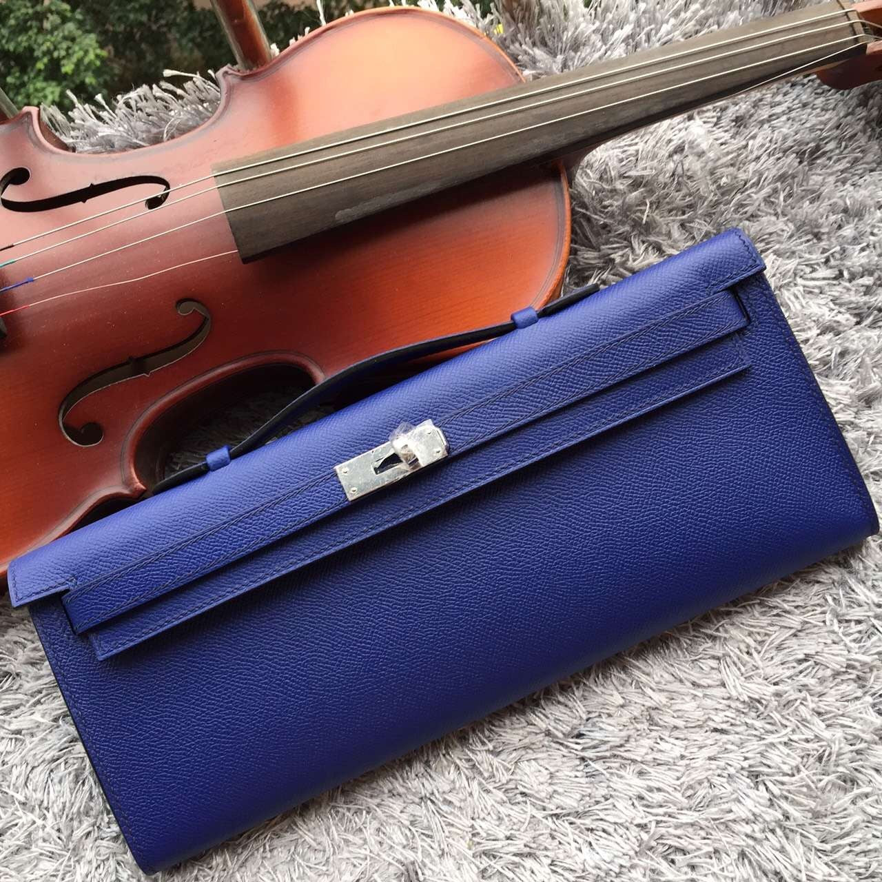 Hermes Luxury Handcrafted Kelly Cut Clutch Handbag Blue Clutch Bag