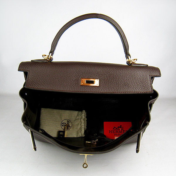 Hermes Luxury Kelly Cm Togo Dark Coffee Golden Leather Travel Bag