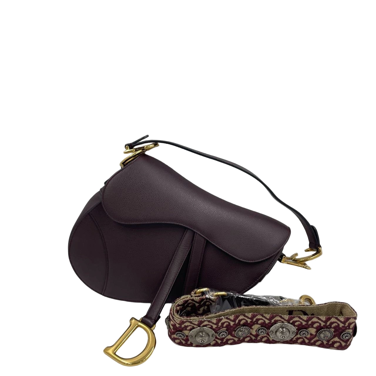 Dior Saddle Burgundy Grained Handbag With Strap Leather Medium Travel Bag