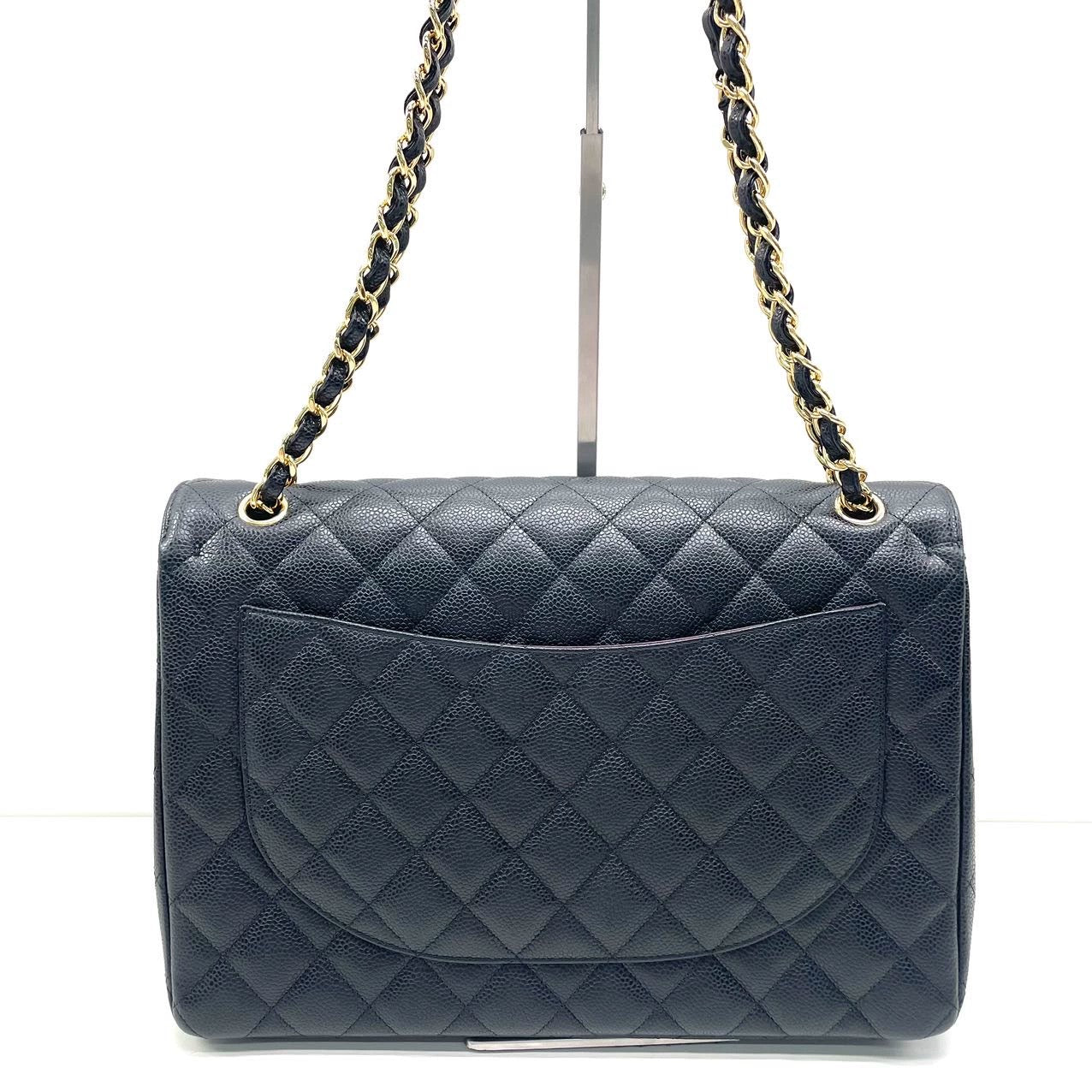 Chanel Classic Flap Maxi Caviar Double Flap Black Gold Leather Handbag