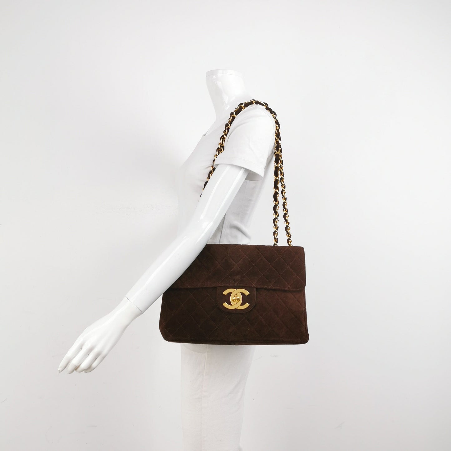 Chanel Classic Flap Maxi Chocolate Suede Giant Brown Gold Leather Handbag