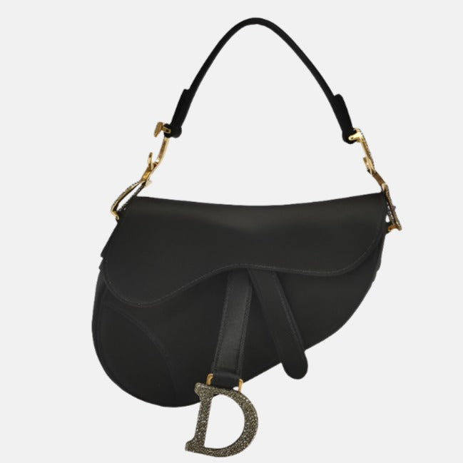 Dior Saddle Silk With Crystal Embedded Buckles Handbag Black Mini Travel Bag