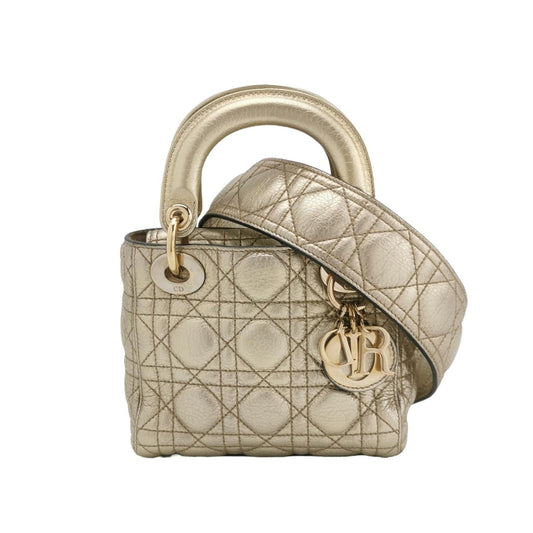 Dior Lady Supple Calfskin Cannage Handbag With Strap Leather Gold Travel Bag With Strap