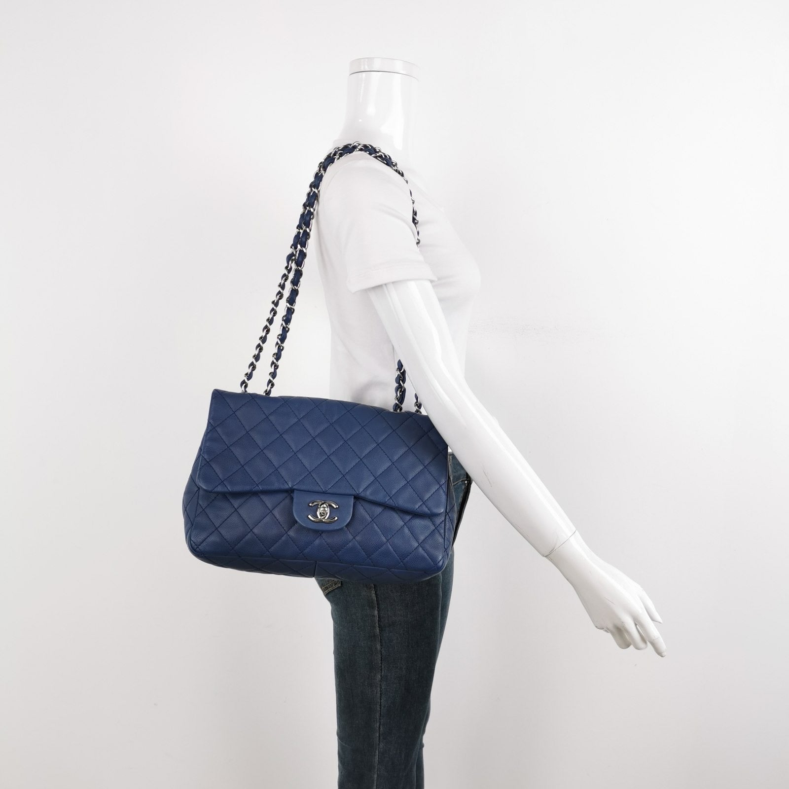 Chanel Classic Flap Navy Caviar -tone Hardware Blue Silver Leather Handbag