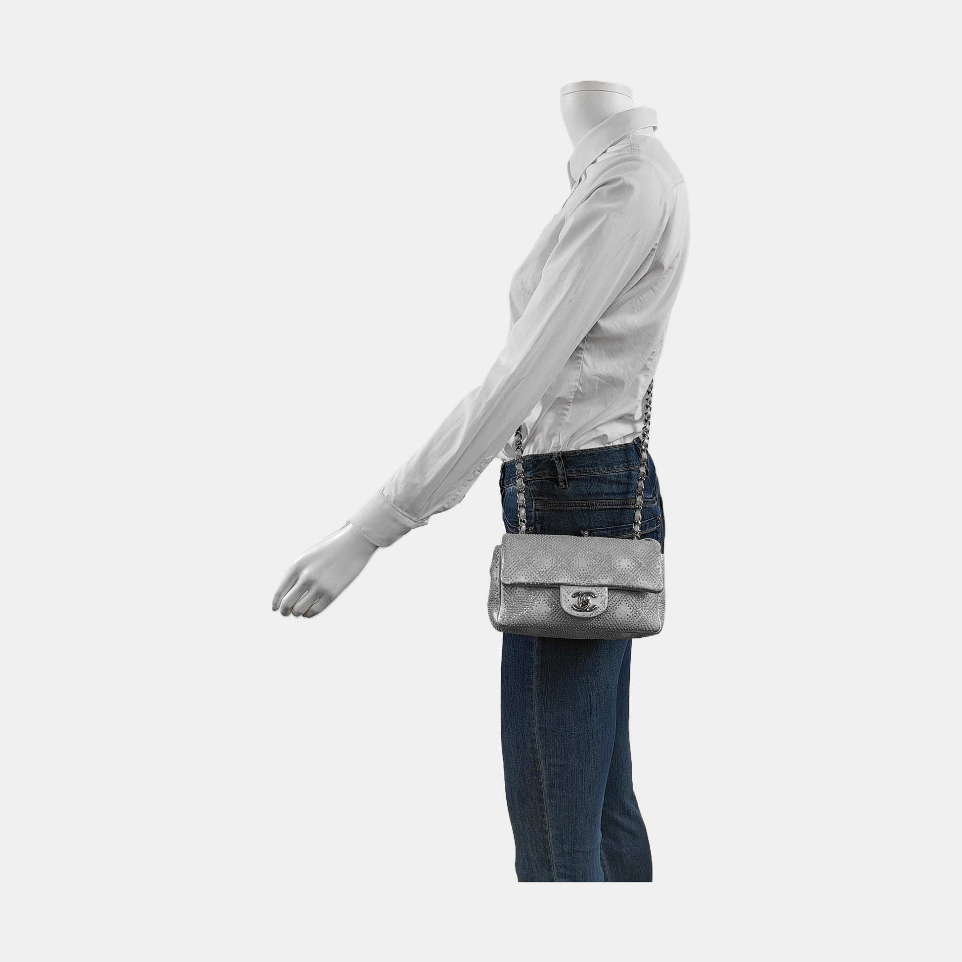 Chanel Classic Flap Rectangular Lambskin Studs Hardware Silver Mini Bag