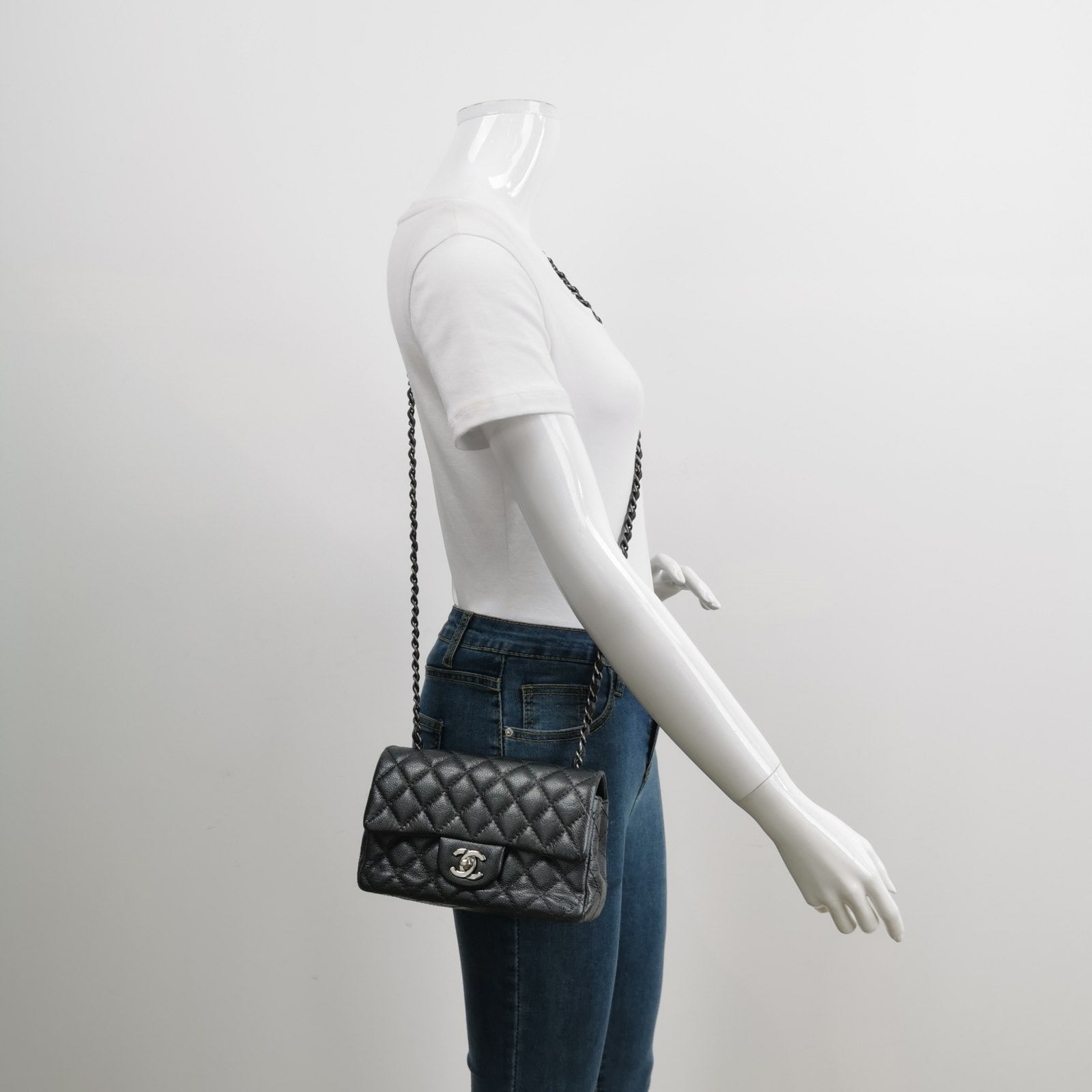Chanel Classic Flap Rectangular Gunmetal Caviar Grey Leather Crossbody Bag