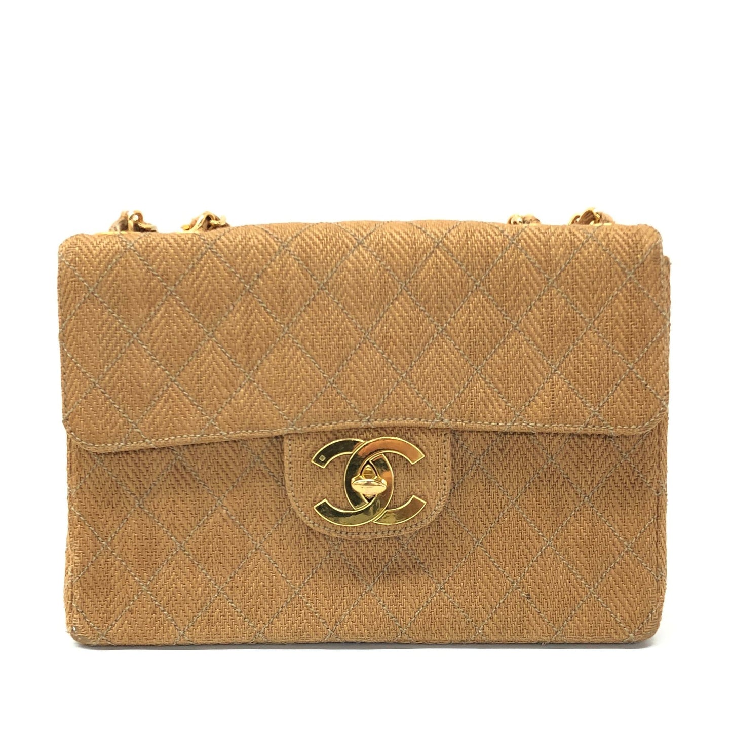Chanel Classic Maxi Single Flap Braided Raffia Brown Gold Canvas Handbag