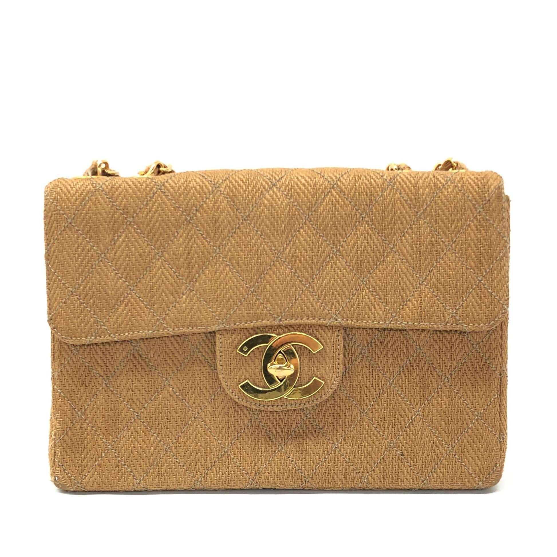 Chanel Classic Maxi Single Flap Braided Raffia Brown Gold Canvas Handbag