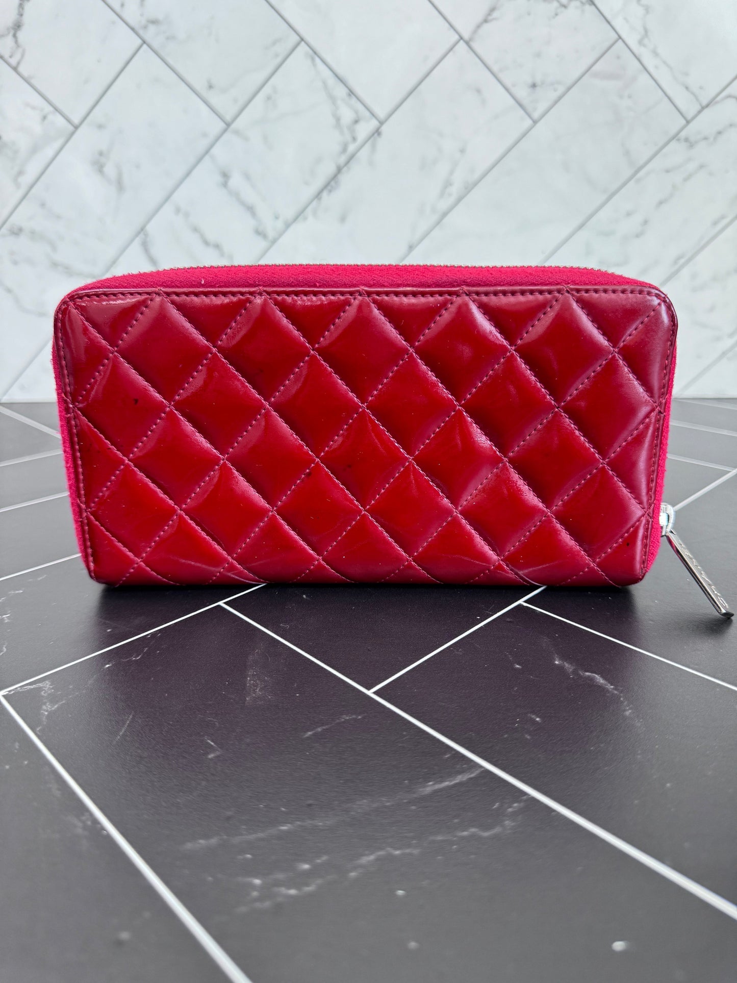 Chanel Fuchsia Patent Leather Quilted Zippy Wallet