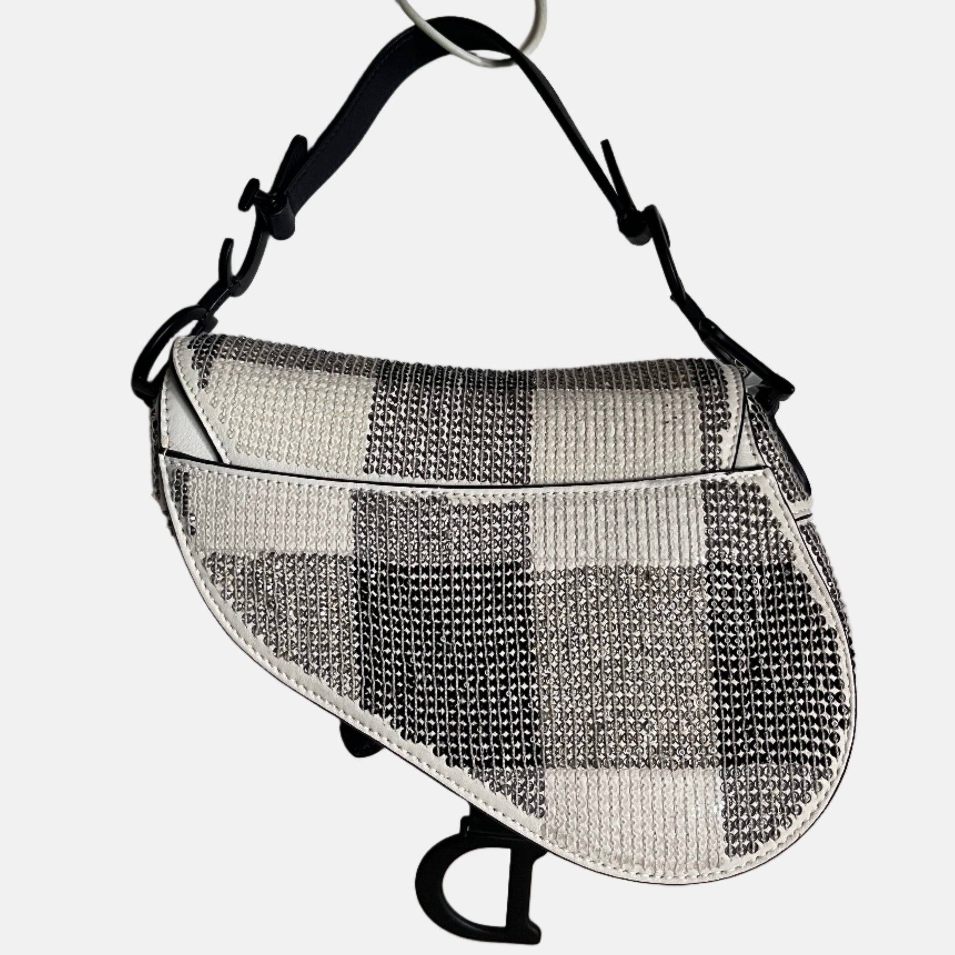 Dior Saddle Mini Beaded And Checkered Pattern Handbag Black White Travel Bag