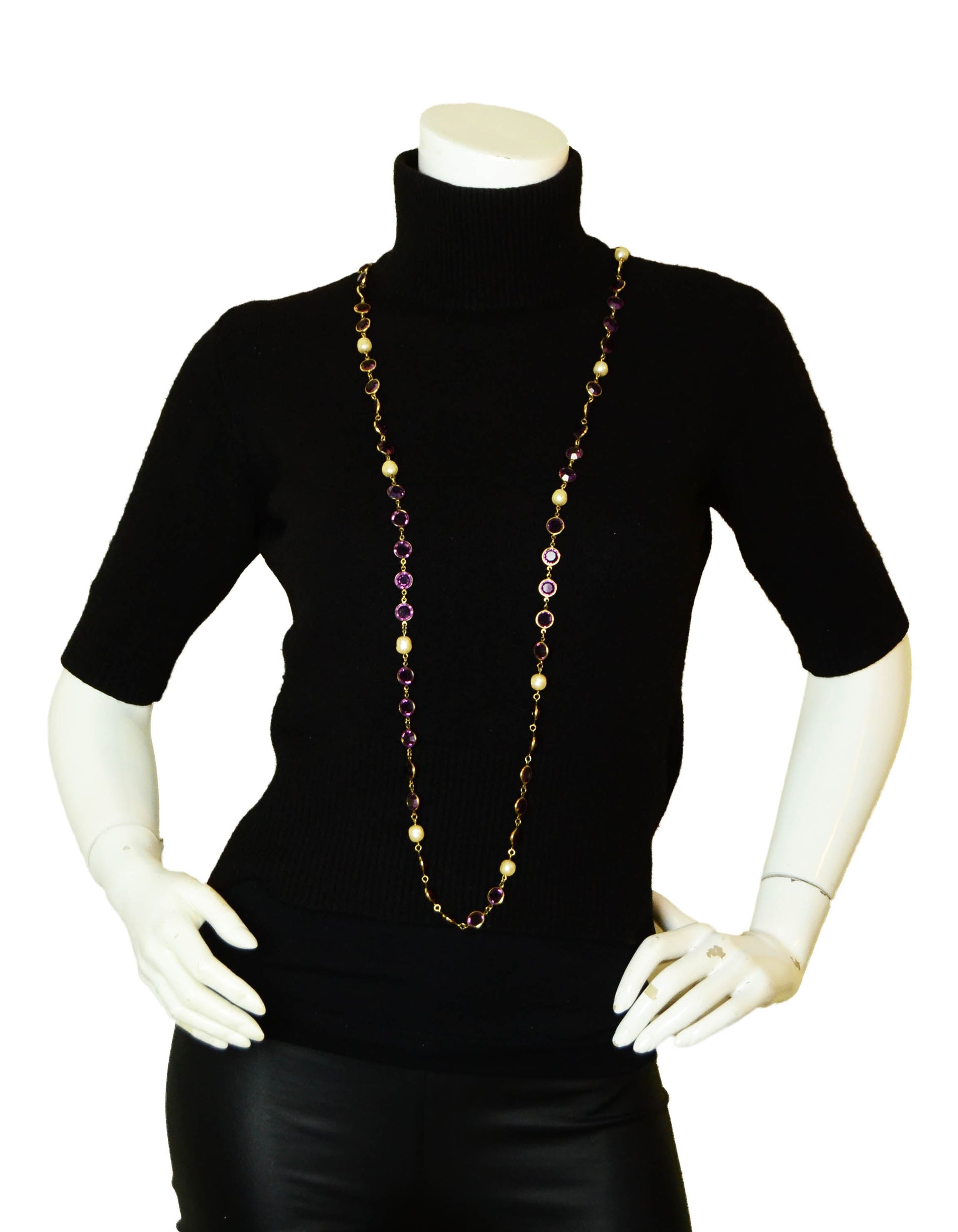 Chanel Faux Pearl & Purple Crystal Sautoir 54" Necklace