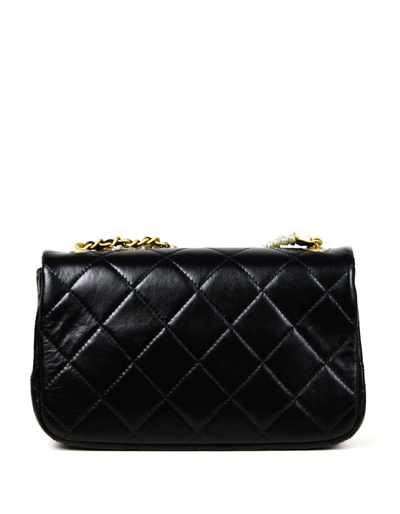 Chanel Black Calfskin Crystal Pearls Small Mini Flap Crossbody Bag