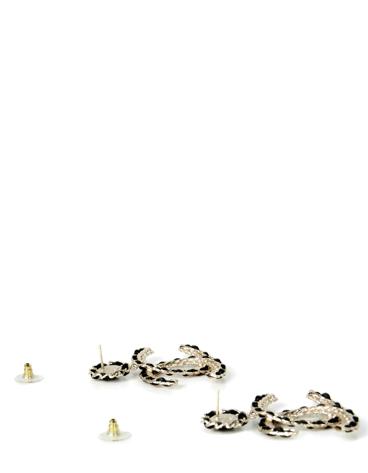 Chanel Gold/Black Leather Large Hanging Cc Earrings