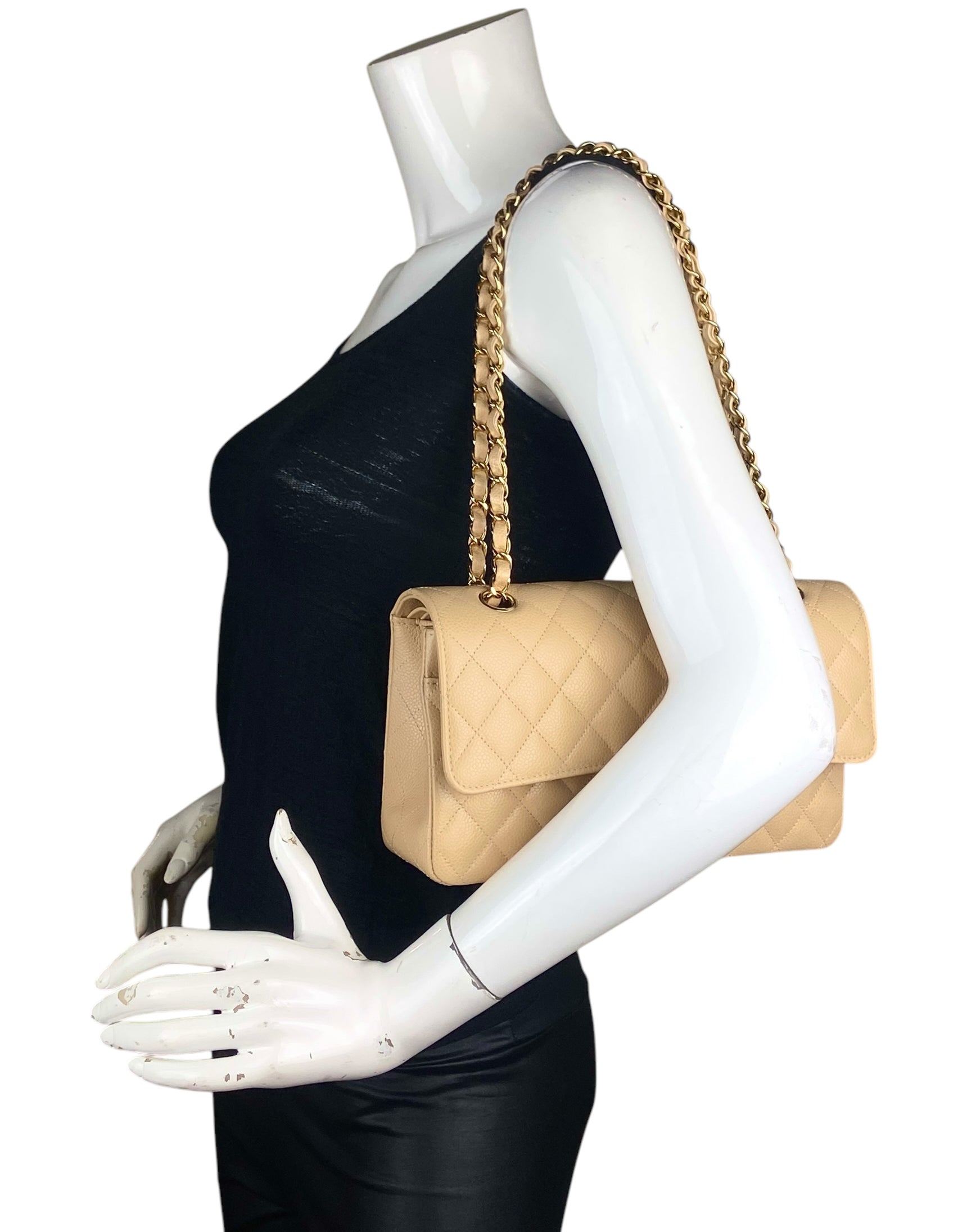 Chanel Beige Caviar Medium Double Flap Ghw Handbag