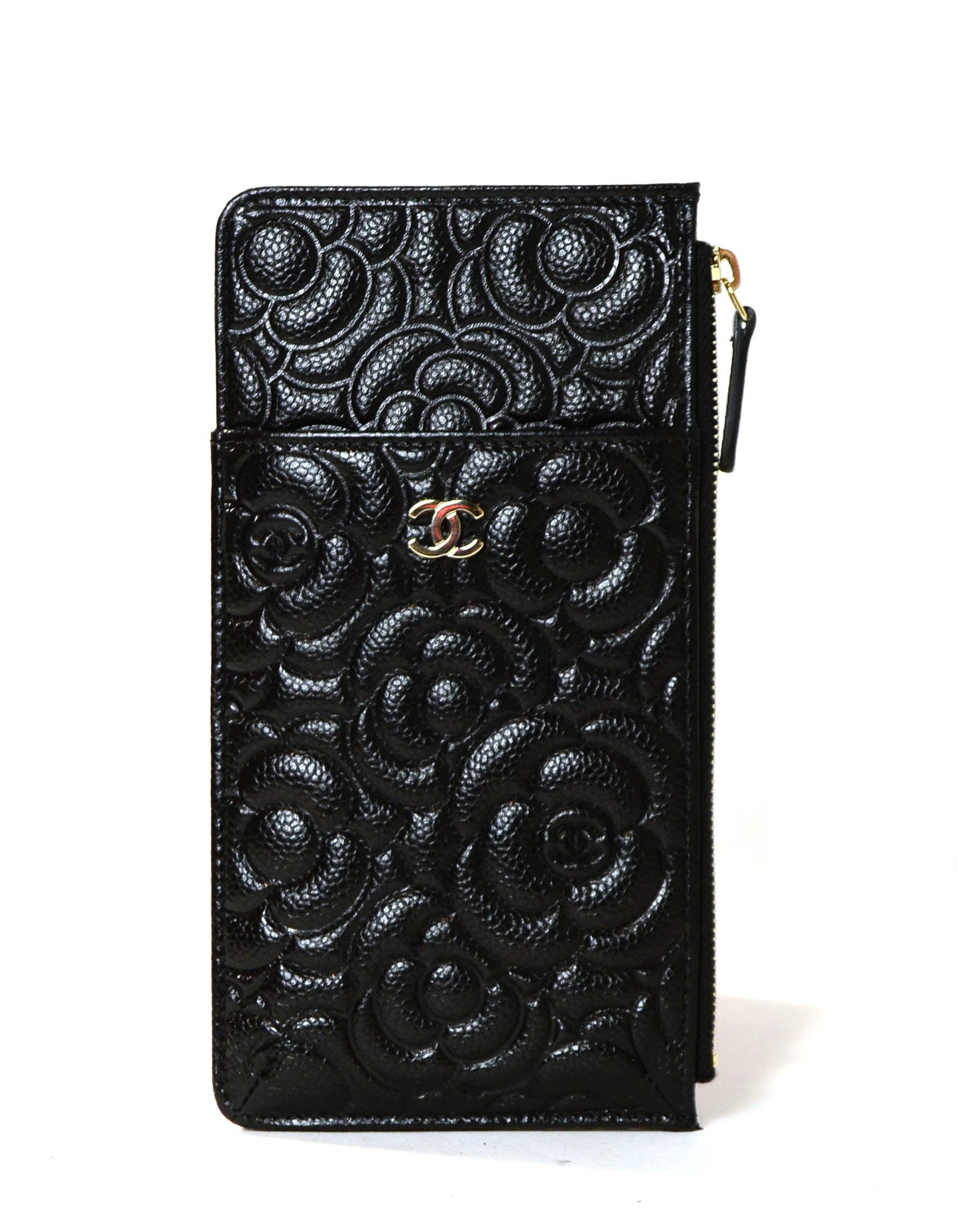 Chanel Black Caviar Camellia Embossed Classic Flat Wallet iPhone Pouch