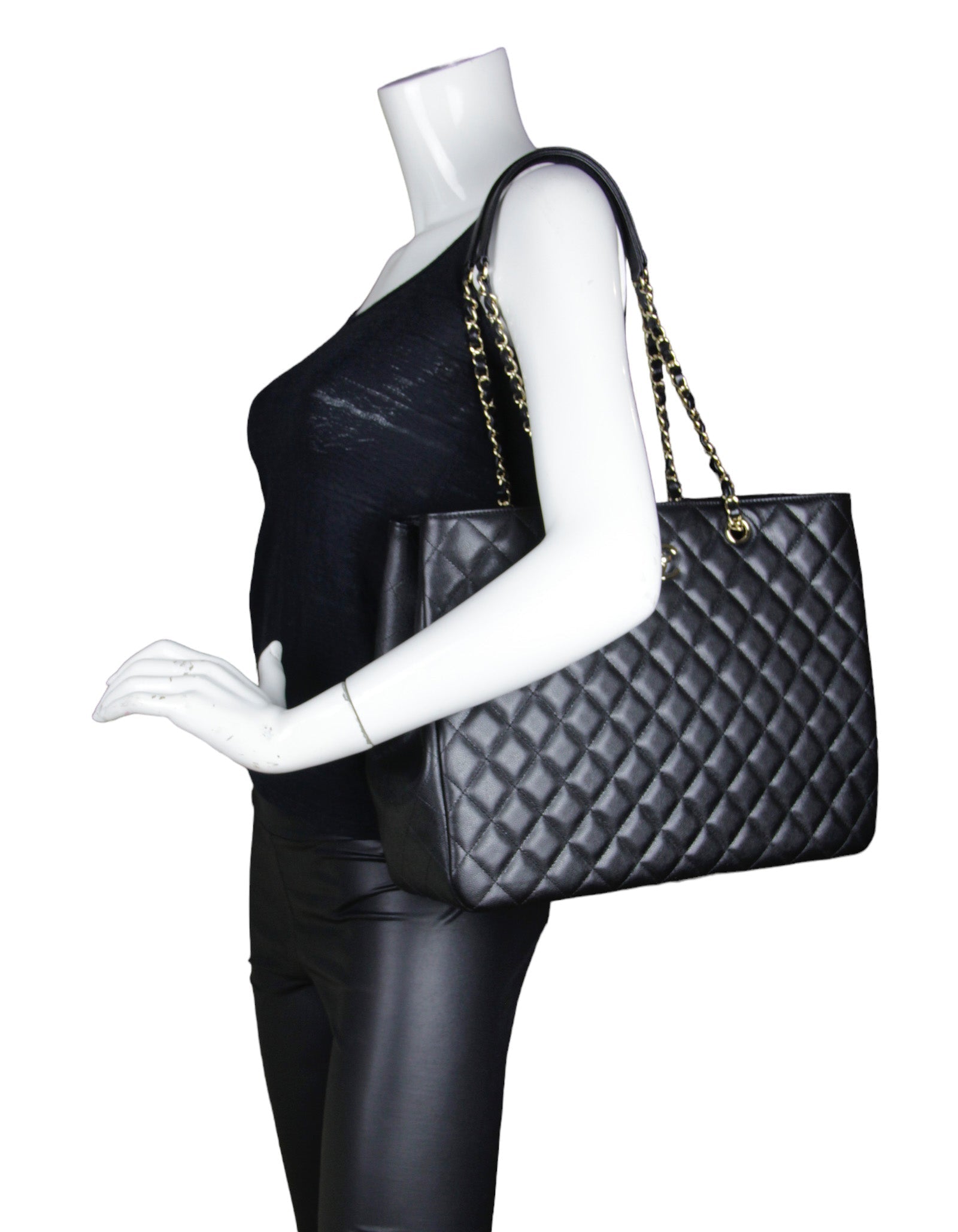 Chanel Black Caviar Leather Quilted Large Classic Shopping Tote Bag