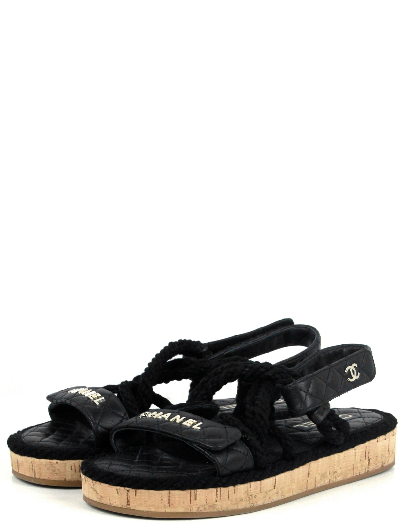 Chanel Black Cord Lambskin Quilted Logo Sandals Sz 39 for Women