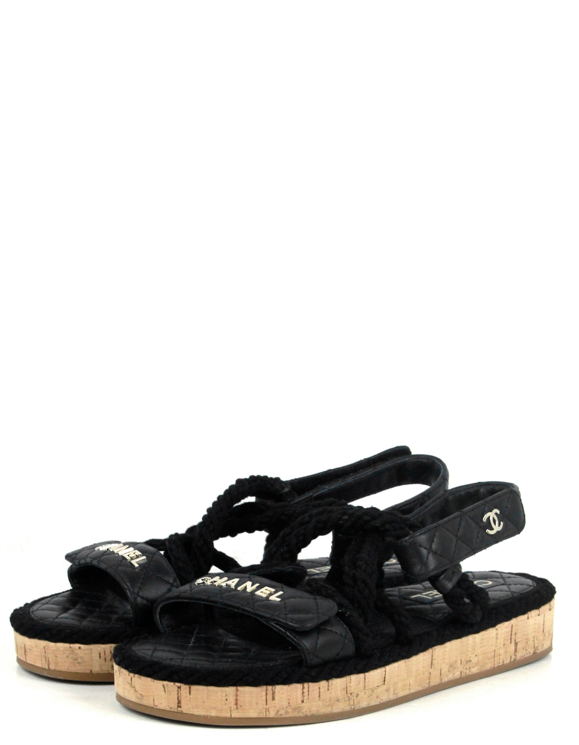 Chanel Black Cord Lambskin Quilted Logo Sandals Sz 39 for Women