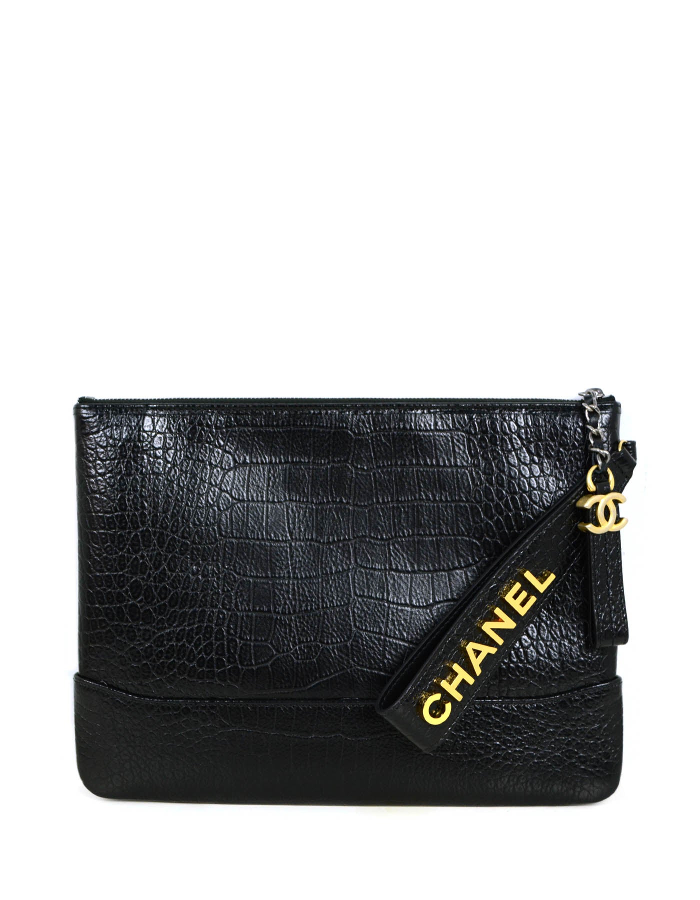 Chanel New Black Crocodile Embossed Gabrielle Wristlet Bag