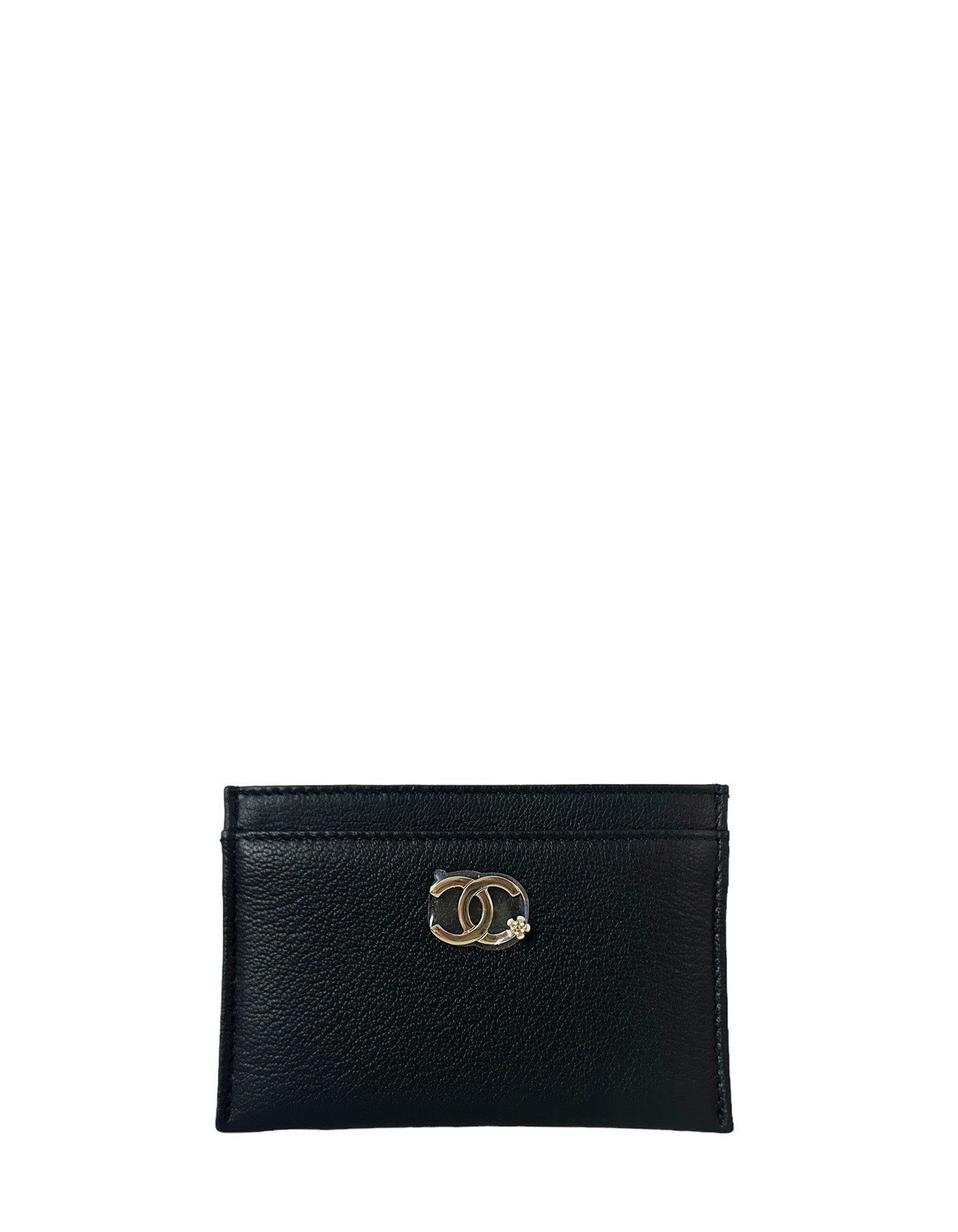 Chanel Black Goatskin CC Camellia Card Holder Handbag
